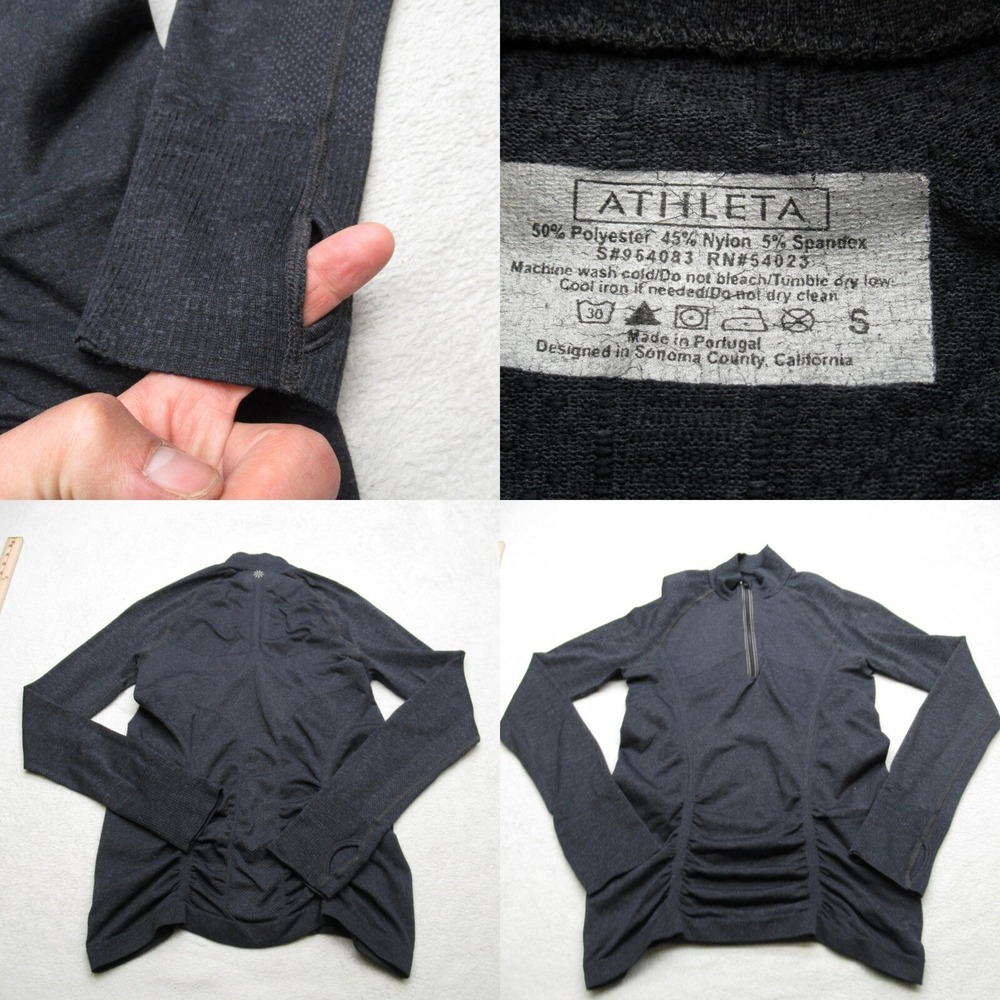 Athleta Shirt Women Small Gray Long Sleeve Ruched Thumbholes 1/2 Zip Pullover